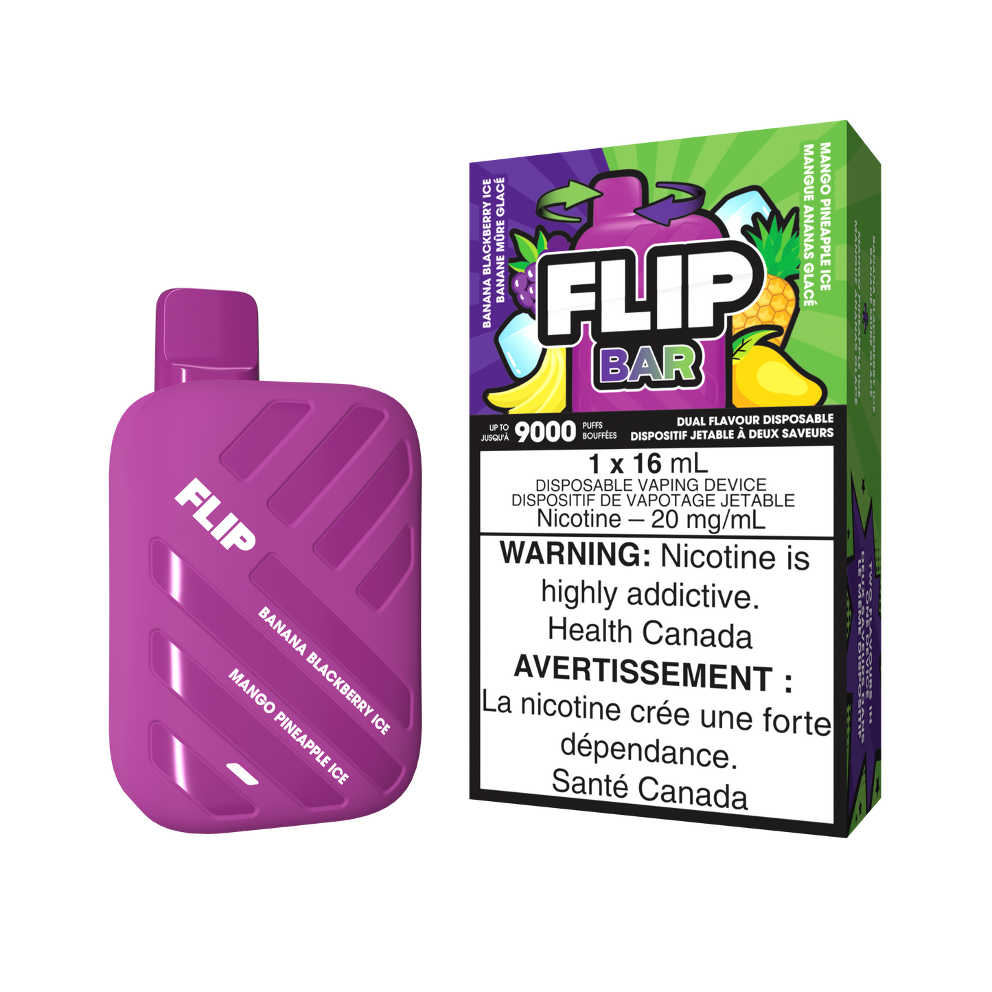 FLIP BAR DISPOSABLE - BANANA BLACKBERRY ICE AND MANGO PINEAPPLE ICE (5PC/CTN) 16ML 20MG