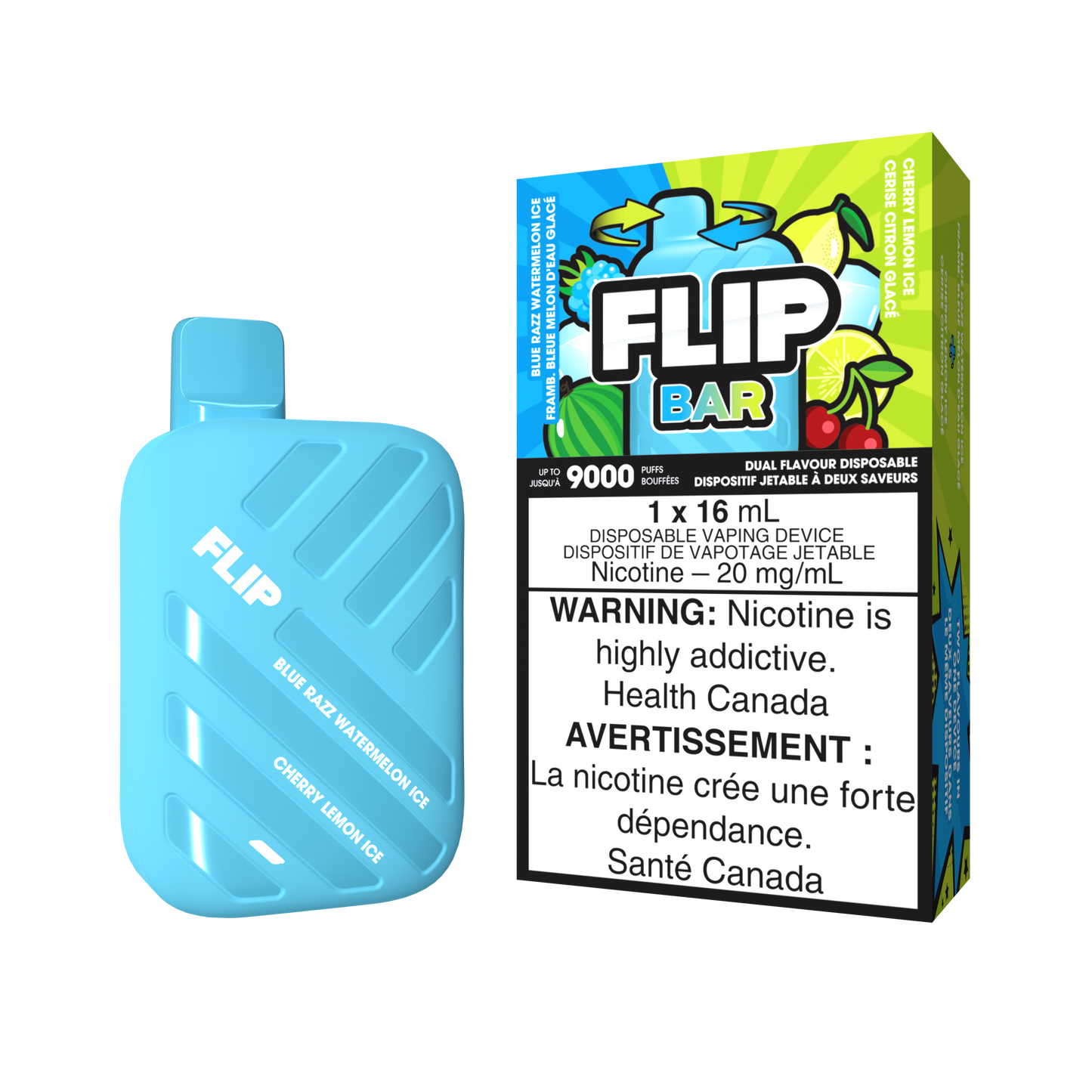 FLIP BAR DISPOSABLE - BLUE RAZZ WATERMELON ICE AND CHERRY LEMON ICE (5PC/CTN) 16ML 20MG