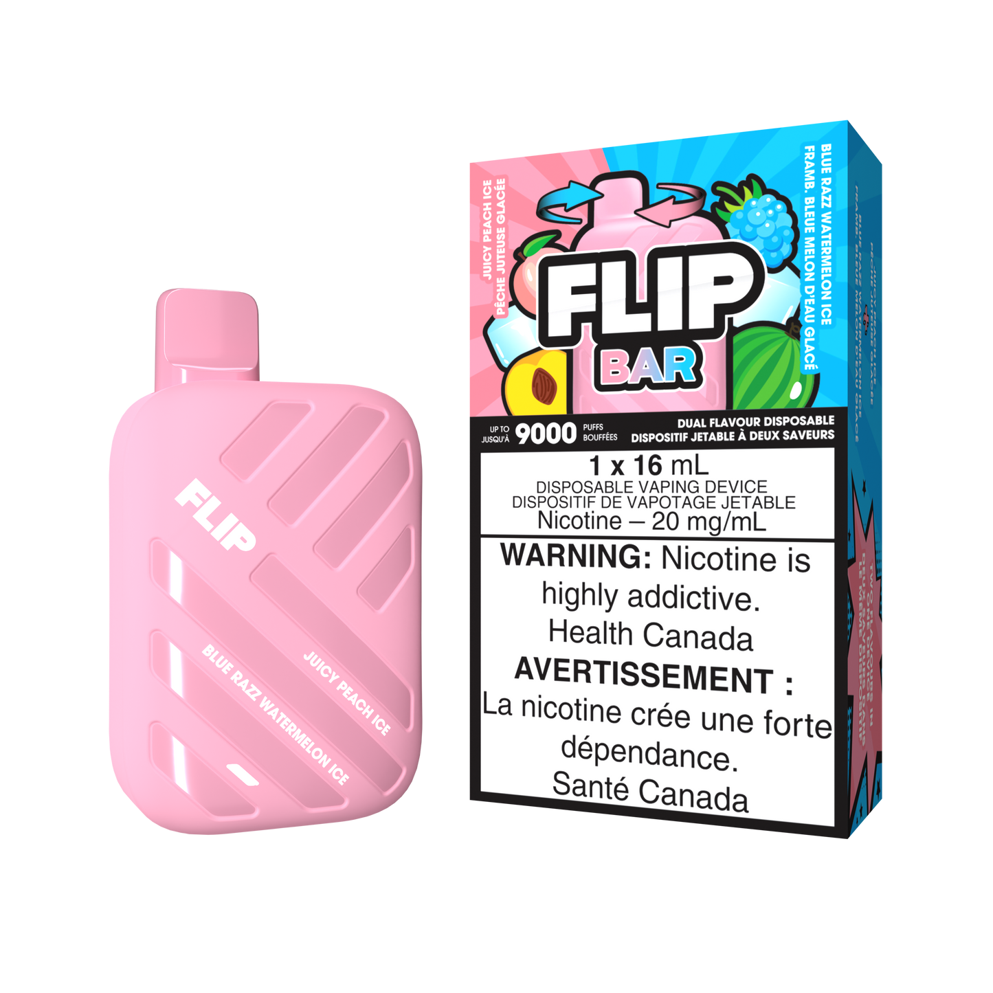 FLIP BAR DISPOSABLE - JUICY PEACH ICE AND BLUE RAZZ WATERMELON ICE (5PC/CTN) 16ML 20MG