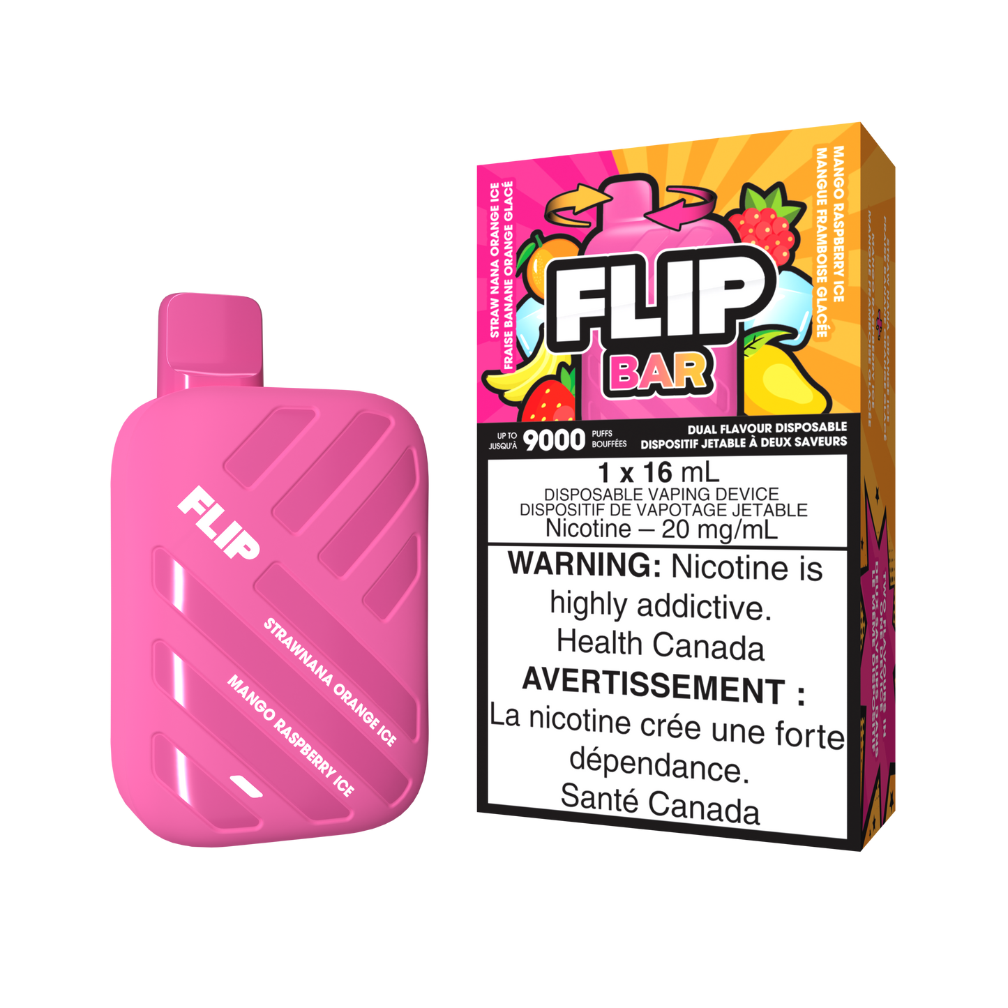 FLIP BAR DISPOSABLE - STRAW NANA ORANGE ICE AND MANGO RASPBERRY ICE (5PC/CTN) 16ML 20MG