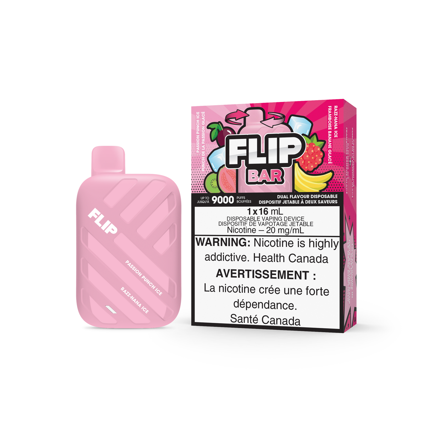 FLIP BAR DISPOSABLE - PASSION PUNCH ICE AND RAZZ NANA ICE (5PC/CTN) 16ML 20MG