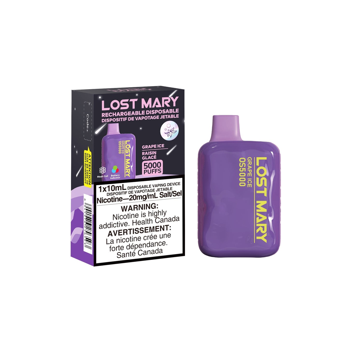 Lost Mary OS5000 Disposable - Grape Ice 20mg 10pc/Carton