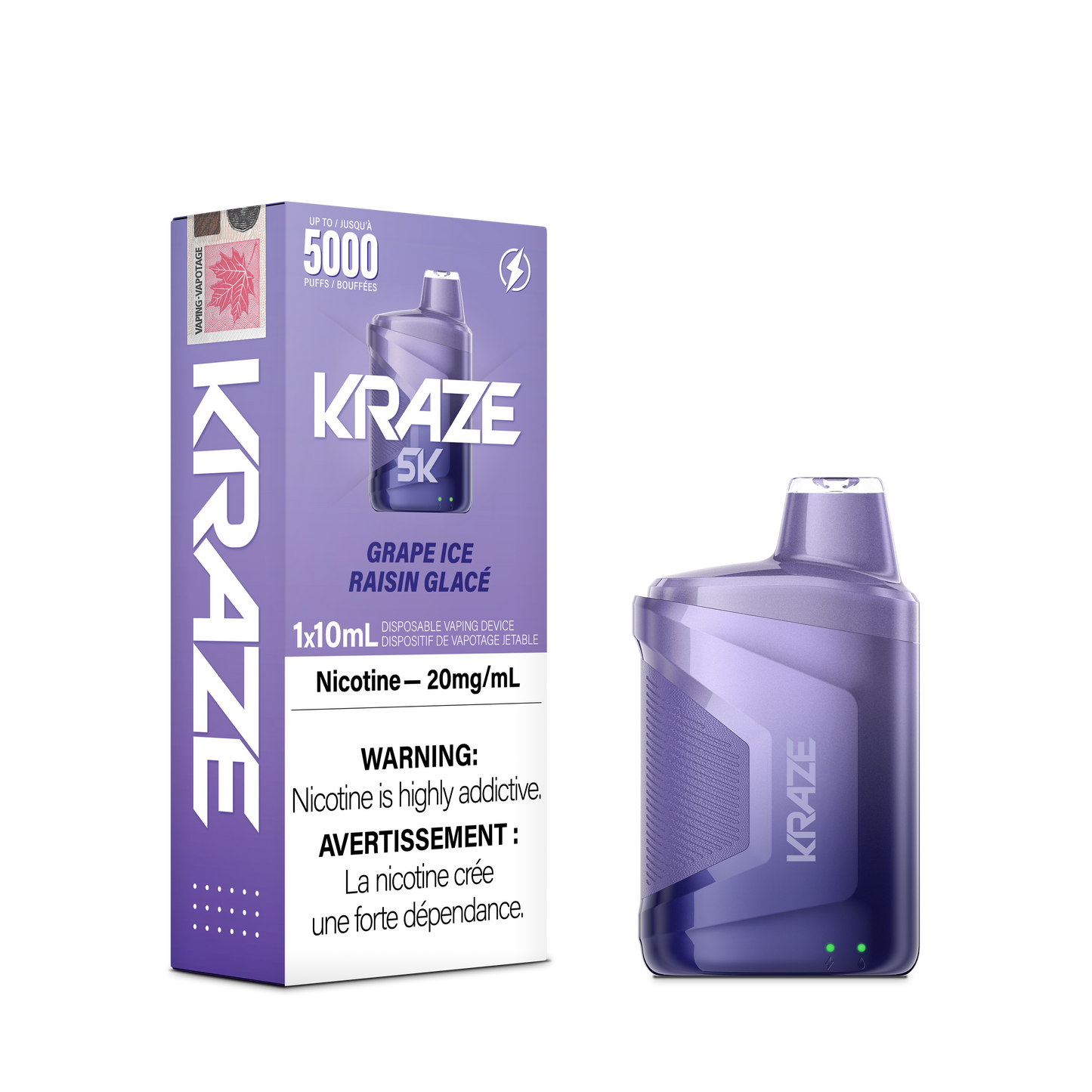 Kraze 5000 Disposable - Grape Iced 20MG with Lanyard 5pc/Carton