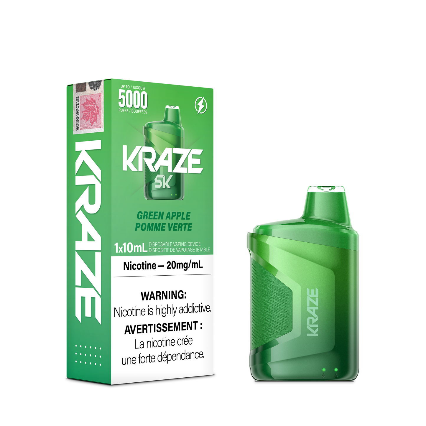 Kraze 5000 Disposable - Green Apple 20MG with Lanyard 5pc/Carton