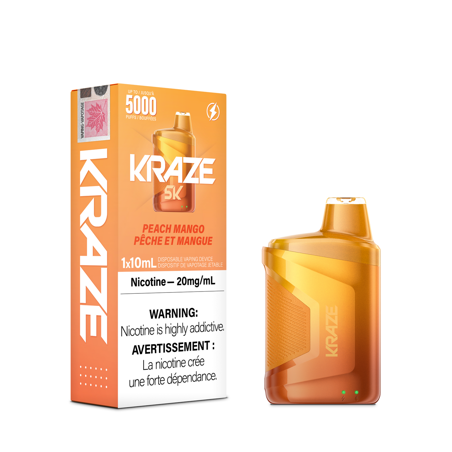 Kraze 5000 Disposable - Peach Mango 20MG with Lanyard 5pc/Carton