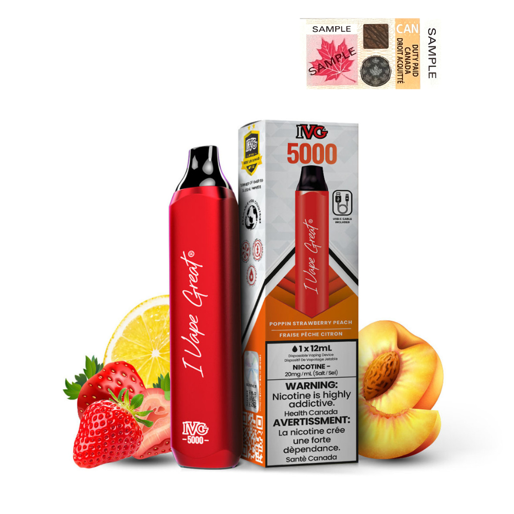 IVG Bar Max 5000 Puffs Disposable Vape - 6ct Poppin Strawberry Peach